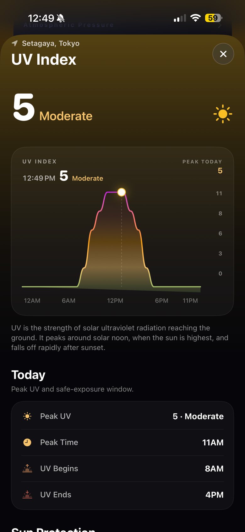 SHINDO's UV Index screen: 5 Moderate at 12:49 PM, peak today 5, UV begins 8 AM, peaks 11 AM, ends 4 PM.