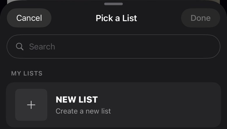 Pick a list: search, and New list — create a new list.