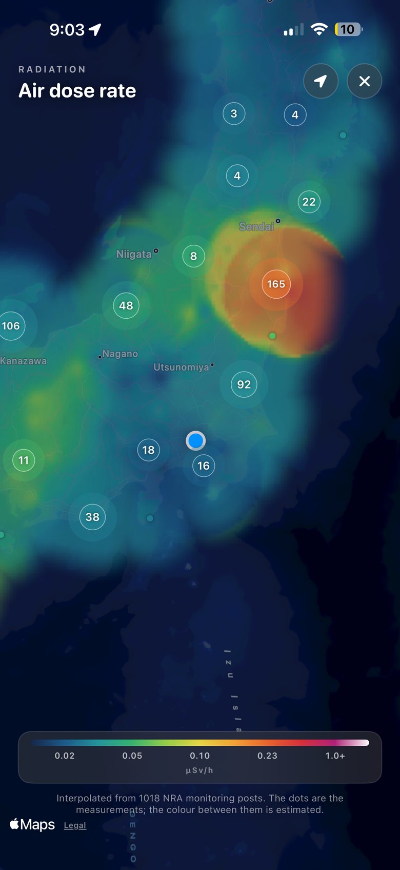 SHINDO's national radiation map: the NRA monitoring network across eastern Japan, interpolated into a continuous field, with a colour scale from 0.02 to 1.0+ µSv/h.