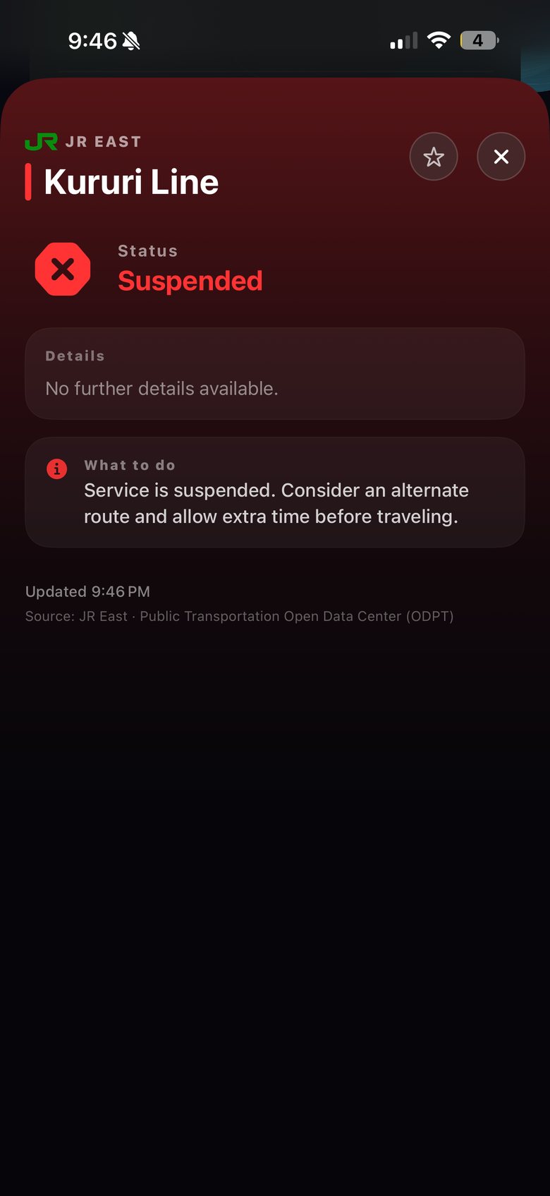 The Kururi Line detail in SHINDO: status suspended, with what to do — consider an alternate route and allow extra time.