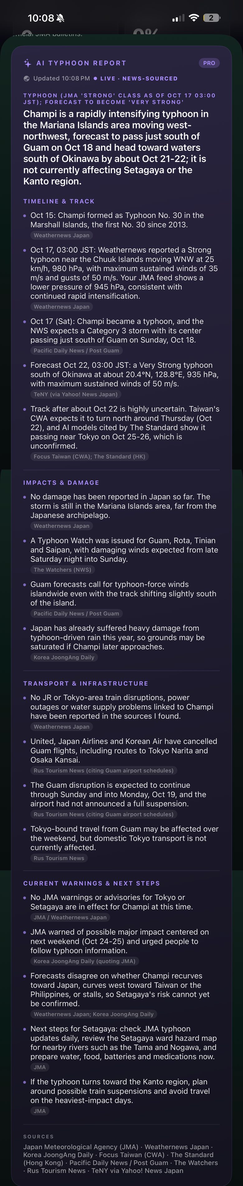 The full AI typhoon report in SHINDO: a one-paragraph summary, then timeline and track, impacts and damage, transport and infrastructure, and current warnings and next steps — every line tagged with its source.