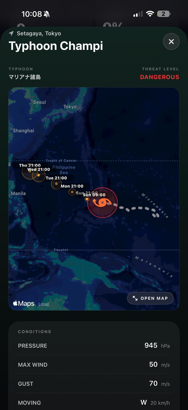 SHINDO's typhoon detail for Typhoon Champi: threat level Dangerous, JMA forecast track with forecast circles across the Philippine Sea, 945 hPa, max wind 50 m/s.